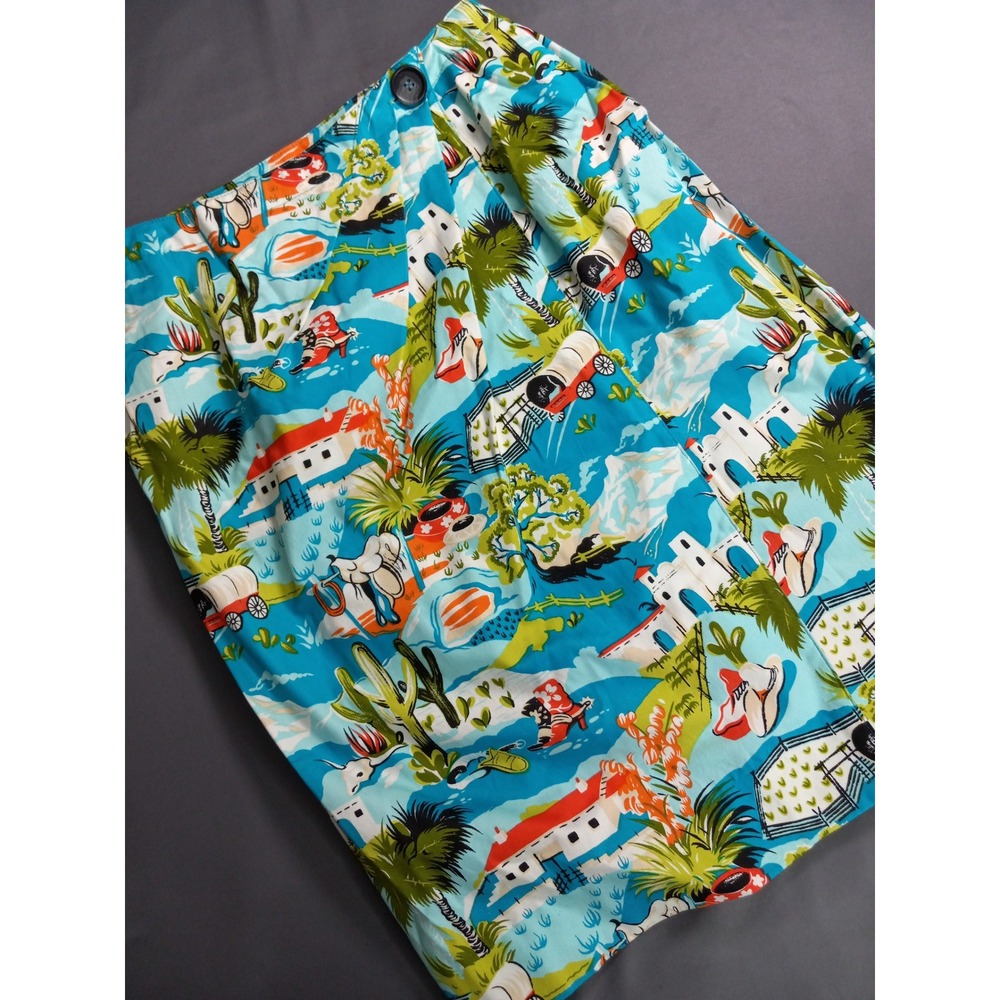 Sharon Young Dallas Vintage Western Novelty Print Cotton Wrap Skirt Blue Size 8